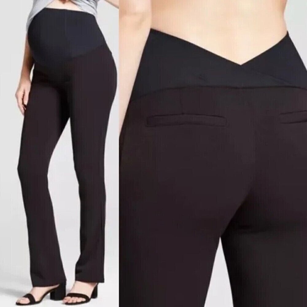 Isabel Maternity Bootcut Black Trouser Pants Over Belly Crossover Back 16 NWOT